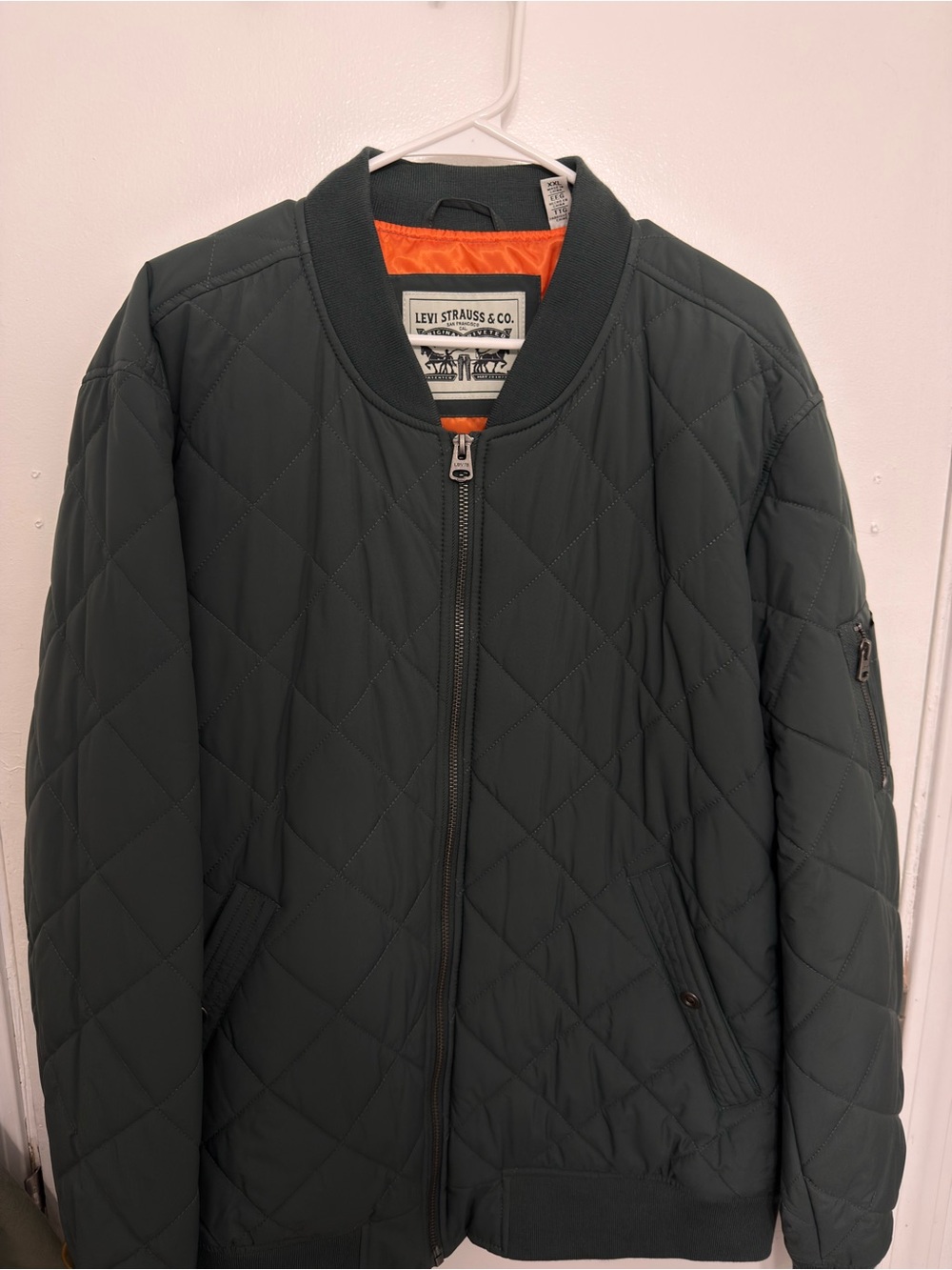 Levi's Quilted Bomber Jacket in Deep Green with Orange Lining